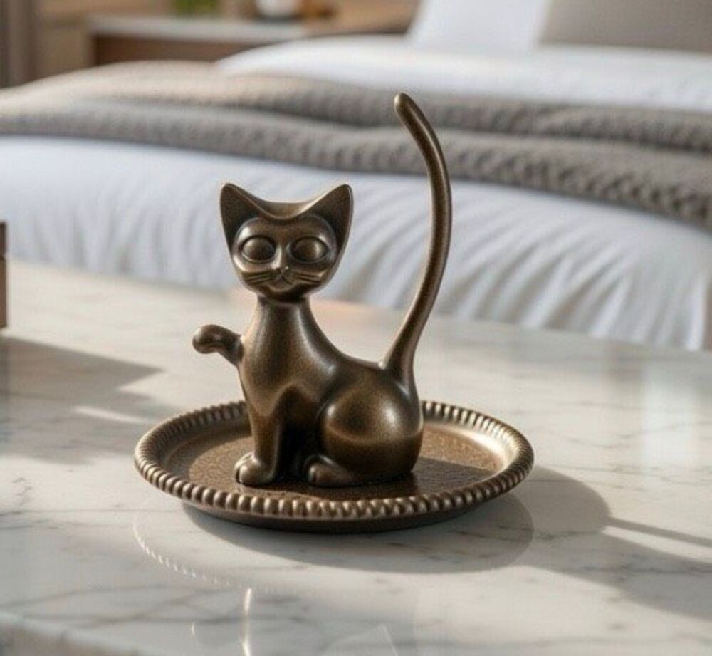 Vintage 1970s Silver Plated Kitten KITTY Cat Ring Holder Jewelry 3.5"H x3"D